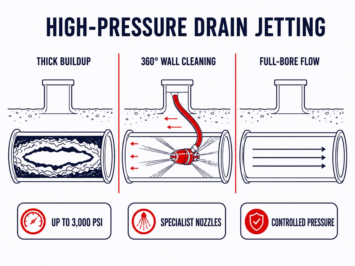 Deep Hydro Jetting for Clean, Free-Flowing Drains Technical Infographic Diagram