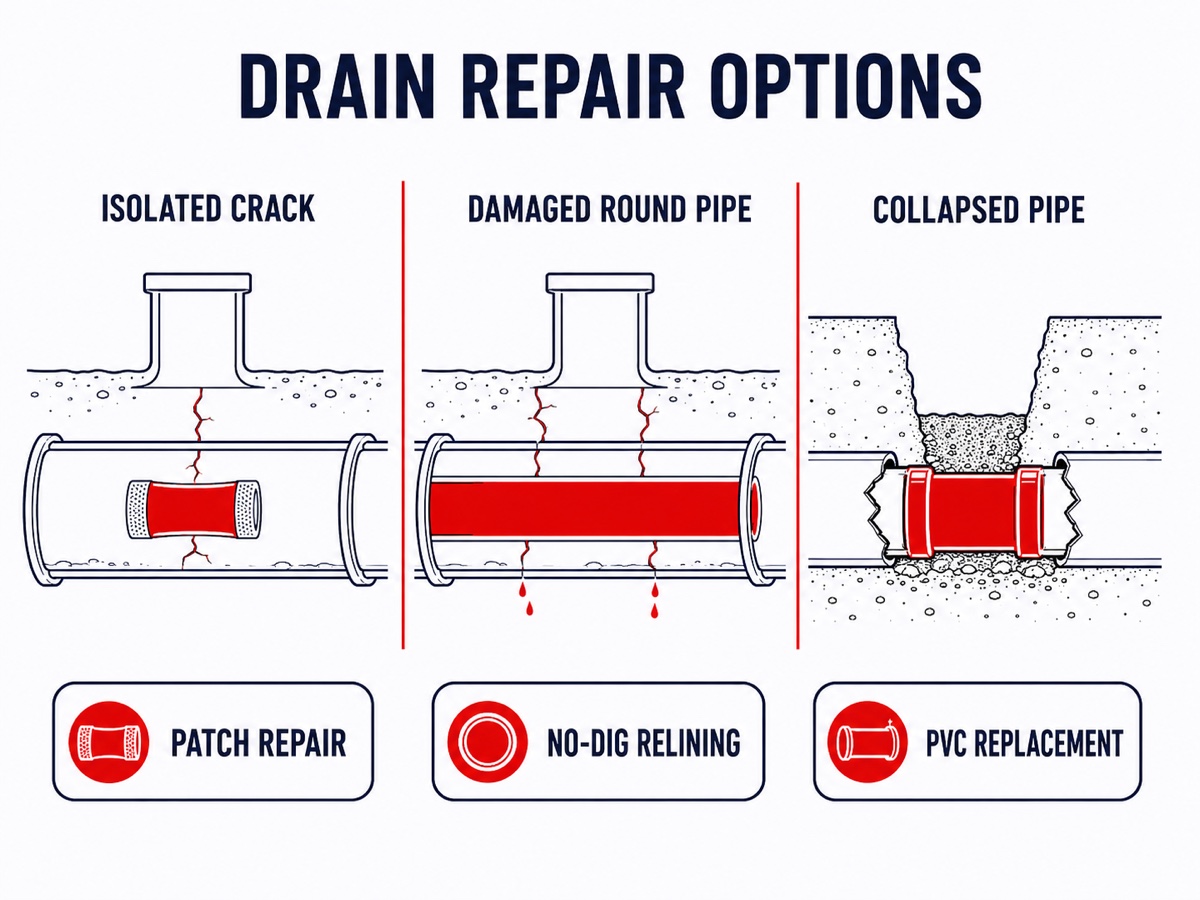 Expert Fixes for Leaking and Damaged Drains Technical Infographic Diagram