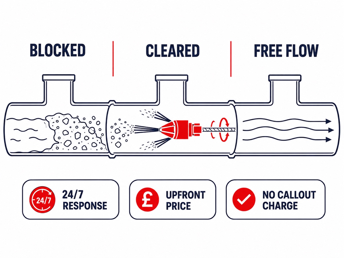 Fast, Clean Emergency Drain Unblocking Technical Infographic Diagram