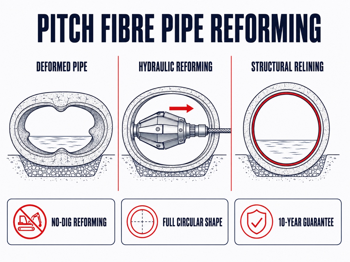 Fix Squashed 1960s Pitch Fibre Pipes Without Digging Technical Infographic Diagram